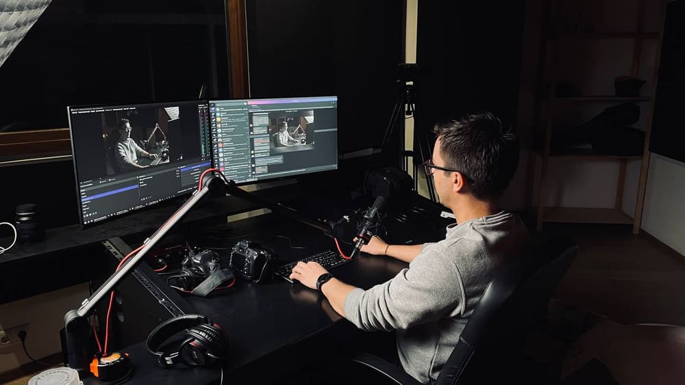 Editing video at two monitors in a home studio